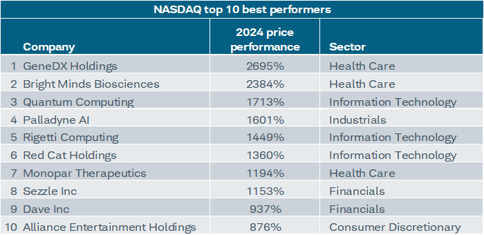 Only one Mag7 stock (NVIDIA) was within the top-10 best S&P 500 performers in 2024; and none of the Mag7 stocks were within the top-10 best Nasdaq performers.